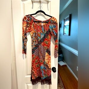 Pink coconut boutique size small. Very slim fitting dress with suede‎ trim